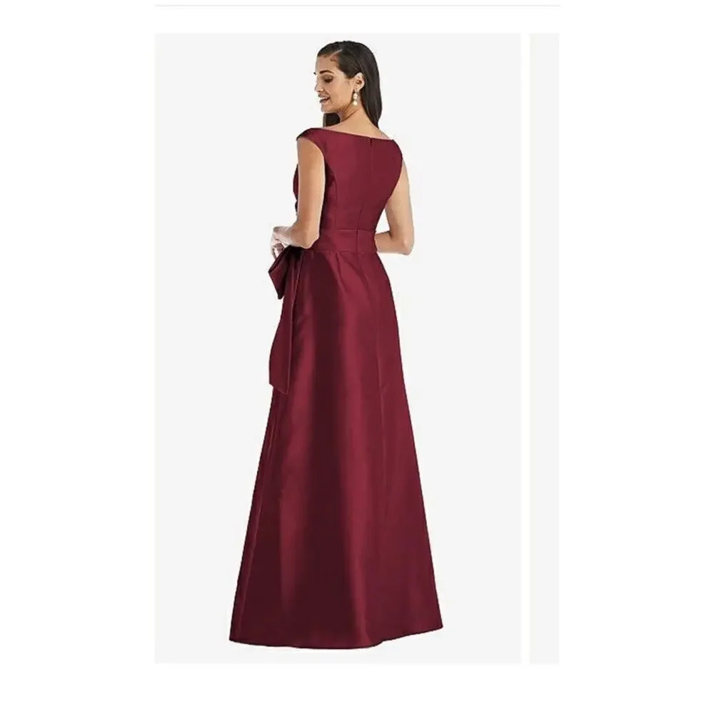 Alfred Sung Off -Shoulder Burgundy Satin Gown With Sash, Size 20, NWT D802S - Picture 11 of 13